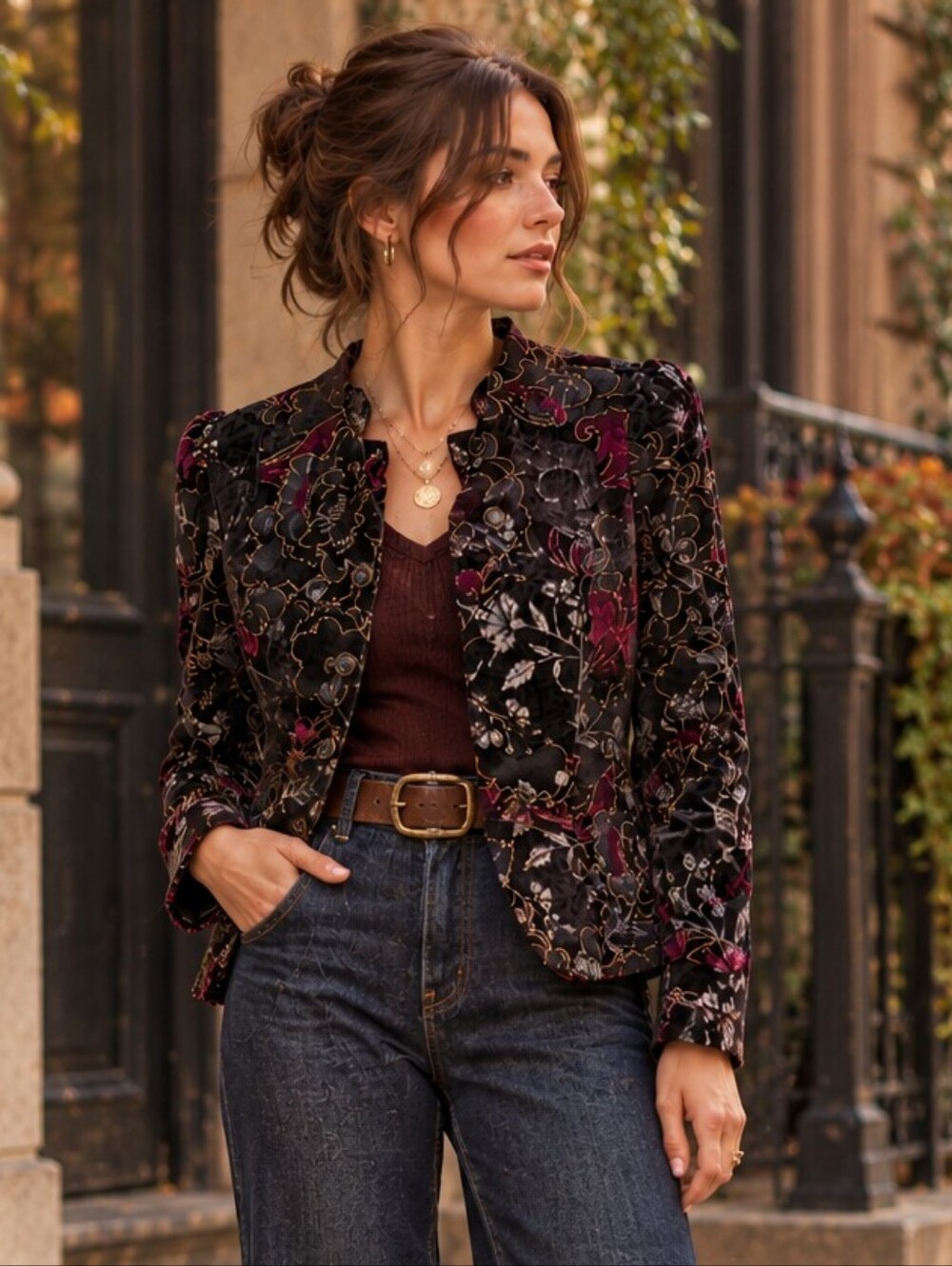 Vintage Whimsigoth Velvet Floral Blazer Jacket Witchy Dark Academia 80s 90s M